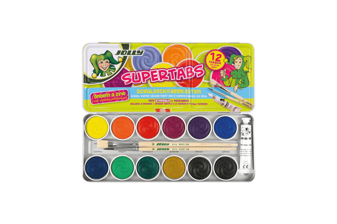 Deckfarben Supertabs 12 Farben, Deckfarbkasten für die Schule | JOLLY
